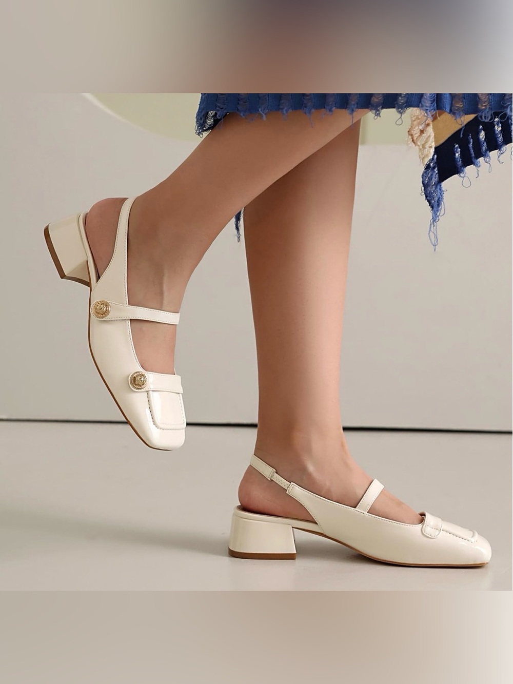Women’s White Slingback Square-Toe Low Heel Sandals